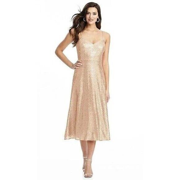 NWT Dessy Collection Sleeveless V Neck Sequin A Line Midi Dress 0 Rose Gold - Picture 1 of 13